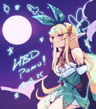 Rule 34 | bare shoulders, black gloves, blonde hair, character name, commentary, dated, dress, elbow gloves, fairy wings, full moon, gloves, green dress, green hairband, hair between eyes, hair ornament, hairband, hairclip, highres, light smile, long hair, long pointy ears, moon, nijisanji, nijisanji en, pointy ears, pomu rainpuff, pomu rainpuff (1st costume), red eyes, ricegnat, sitting, star (symbol), virtual youtuber, wings