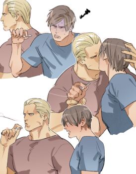 2boys bara blonde_hair blue_shirt brown_hair brown_shirt cigarette closed_eyes curtained_hair holding holding_cigarette jack_krauser large_pectorals leon_s._kennedy male_focus multiple_boys muscular muscular_male pectorals resident_evil resident_evil_4 resident_evil_4_(remake) shirt short_hair tatsumi_(psmhbpiuczn) tongue tongue_out yaoi