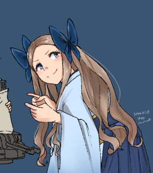 1girl 1other asakaze_(kancolle) blue_background blue_bow blue_eyes blue_hakama blue_kimono bow brown_hair commentary dated hair_bow hakama japanese_clothes kantai_collection kimono kuragare looking_up parted_bangs pointing solo_focus symbol-only_commentary