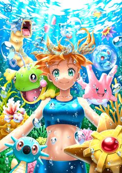 1girl air_bubble antennae azurill bare_arms bare_shoulders bike_shorts bikini bikini_shorts blue_bikini blue_eyes breasts bubble clauncher closed_mouth collarbone coral corsola dewgong east_blue95 eyelashes floating_hair freediving gen_1_pokemon gen_2_pokemon gen_3_pokemon gen_6_pokemon goldeen green_eyes gyarados holding_breath horsea light_rays looking_at_viewer luvdisc medium_breasts midriff misty_(pokemon) navel nintendo on_shoulder open_mouth orange_hair pokemon pokemon_(anime) pokemon_(classic_anime) pokemon_(creature) pokemon_on_shoulder pokemon_rgby politoed psyduck seaking seaweed short_hair shorts side_ponytail smile sports_bikini starmie staryu swimming swimsuit underwater water