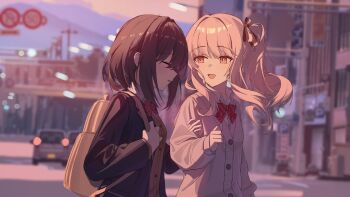 2girls :d ^_^ akiyama_mizuki arm_at_side arm_hug backlighting bag black_jacket blurry blurry_background bob_cut bow bowtie breasts brown_bag brown_bow brown_cardigan brown_hair building buttons car cardigan closed_eyes collared_shirt diagonal-striped_bow diagonal-striped_bowtie diagonal-striped_clothes drift_liulenghanle drill_hair drill_sidelocks from_side genderswap genderswap_(otf) hair_between_eyes hand_up hands_up hashtag-only_commentary high_side_ponytail highres holding holding_bag inverted_bob jacket kamiyama_high_school_uniform_(project_sekai) lapels layered_sleeves long_hair long_sleeves looking_at_another motor_vehicle multiple_girls open_clothes open_jacket open_mouth outdoors pink_eyes pink_hair profile project_sekai puffy_long_sleeves puffy_sleeves purple_cardigan purple_sky red_bow red_bowtie school_uniform shinonome_ena shirt short_hair side_drill side_ponytail sidelocks sign sky small_breasts smile striped_bow striped_bowtie striped_clothes sunlight swept_bangs tongue two-tone_bow upper_body white_bow white_shirt