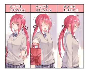 1girl :o ahoge amano_mizore bag before_and_after black_skirt blush breasts brown_eyes cardigan chart closed_eyes closed_mouth collared_shirt flying_sweatdrops hair_between_eyes hair_ribbon holding holding_bag incoming_gift kyoo-kyon_(kyo-kyon) long_hair looking_at_viewer medium_breasts multiple_views open_mouth original parted_lips plaid_clothes plaid_skirt pleated_skirt red_hair red_ribbon ribbon school_uniform shirt sidelocks skirt smile tsundere turning_head twintails valentine white_shirt wing_collar yuki_arare