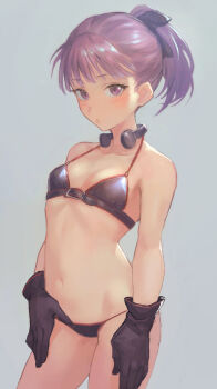 Rule 34 | 1girl, armor, bare shoulders, bikini, bikini armor, black bikini, black bow, black gloves, blush, bow, breasts, collarbone, fate/grand order, fate (series), gloves, hair bow, helena blavatsky (fate), helena blavatsky (swimsuit archer) (third ascension) (fate), looking at viewer, miyamoto satoru, navel, ponytail, purple eyes, purple hair, short hair, short ponytail, small breasts, solo, swimsuit, thighs