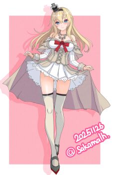 1girl absurdres bare_shoulders black_hairband blonde_hair blue_eyes blush bow breasts clothes_lift corset dated dress dress_lift full_body gluteal_fold grey_corset grey_thighhighs hairband hat highres jewelry kantai_collection large_breasts lifting_own_clothes long_hair long_sleeves looking_at_viewer mini_hat necklace nitamako_(sakamalh) off-shoulder_dress off_shoulder pink_background red_bow signature smile solo thighhighs two-tone_background warspite_(kancolle) white_background white_dress