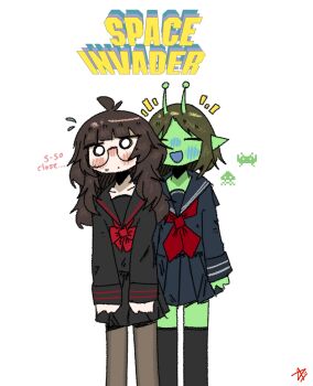 Rule 34 | 2girls, absurdres, alien, antennae, ashenov, black pantyhose, black serafuku, black thighhighs, colored skin, green skin, highres, long hair, medium hair, multiple girls, original, pantyhose, pleated skirt, pointy ears, school uniform, serafuku, simple background, sketch, skirt, space invaders, thighhighs, white background, zettai ryouiki