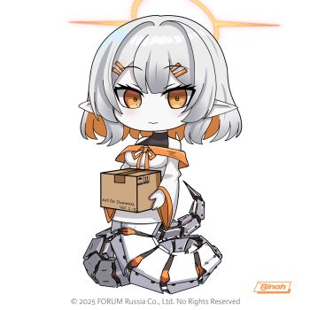 bare_shoulders binah_(blue_archive) blonde_hair blue_archive blush box breasts cardboard_box character_name chibi commentary_request dress english_text f0rum7v hairband halo highres holding holding_box lamia long_sleeves looking_at_viewer mecha_musume medium_breasts monster_girl multicolored_hair off_shoulder parody personification pointy_ears russian_commentary sidelocks simple_background two-tone_hair white_background white_hair wide_sleeves yellow_eyes yellow_hairband yellow_halo