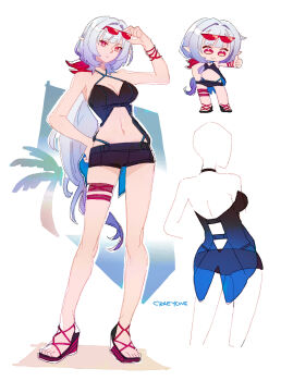 1girl adjusting_eyewear artist_name bikini bikini_bottom_under_shorts bikini_under_clothes black_bikini black_shorts blue_hair breasts chibi cleavage commentary crae_(craeyone) elf elysia_(honkai_impact) english_commentary eyewear_on_head herrscher_of_corruption highres honkai_(series) honkai_impact_3rd large_breasts long_hair multiple_views navel palm_tree pointy_ears red_eyes sandals short_shorts shorts simple_background stomach sunglasses swimsuit thigh_strap thumbs_up toes tree white_background