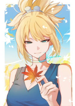 Rule 34 | 1girl, alternate costume, artist name, autumn, autumn leaves, blonde hair, blue background, blue dress, blue eyes, border, breasts, choker, cleavage, cleavage cutout, closed mouth, clothing cutout, collarbone, dr. stone, dress, high ponytail, holding, holding leaf, kohaku (dr. stone), leaf, light smile, lips, maple leaf, okyurita, ponytail, simple background, sleeveless, sleeveless dress, smile, solo, upper body, white border, white choker