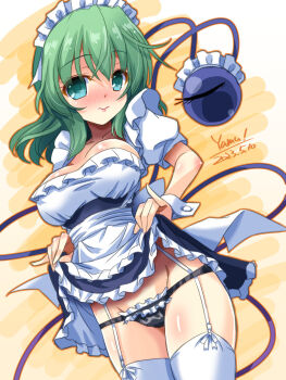 alternate_costume black_panties breasts embarrassed enmaided garter_straps green_hair komeiji_koishi maid medium_breasts miniskirt panties short_sleeves skirt thighhighs third_eye touhou underwear