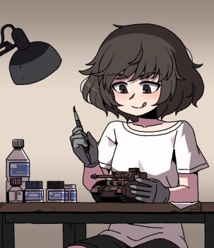 1girl akiyama_yukari brown_eyes brown_hair commission desk girls_und_panzer gloves karepack lamp licking_lips military_vehicle model model_kit motor_vehicle paint paintbrush panzer_iv shirt short_hair solo tank tongue tongue_out white_shirt