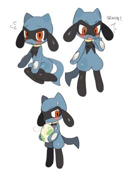 1boy ^_^ animal_ears animal_feet batrobin_k black_fur blue_fur blush body_fur breasts closed_eyes closed_mouth commentary_request egg embarrassed fang flying_sweatdrops full_body furry furry_female gen_4_pokemon hand_to_own_mouth hand_up highres holding holding_egg looking_at_viewer looking_down looking_to_the_side multicolored_fur multiple_views nervous nintendo open_mouth orange_eyes pokemon pokemon_(creature) red_eyes riolu simple_background sitting small_breasts snout standing steam sweat tail talking tears wavy_mouth white_background