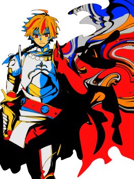 Rule 34 | 1boy, abstract, absurdres, anaya kaibunsyo, armor, blonde hair, braid, braided ponytail, cape, commentary request, fate/strange fake, fate (series), highres, multicolored hair, rattail, red cape, red eyes, red hair, red streaks, richard i (fate), side cape, single braid, solo, streaked hair, white background