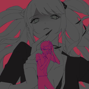 1boy 1girl bear_hair_ornament black_nails danganronpa_(series) danganronpa_2:_goodbye_despair enoshima_junko eyelashes fingernails hair_ornament hand_on_own_head hinata_hajime long_fingernails long_hair multiple_monochrome necktie oji-sama_(ochi4t) pink_background ringed_eyes spoilers twintails