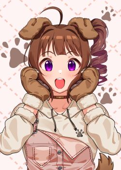 1girl :d ahoge animal_ears animal_hands blush brown_hair choker dog_ears dog_tail drawstring drill_hair fake_animal_ears fur-trimmed_sleeves fur_trim gloves grey_hoodie hands_on_own_cheeks hands_on_own_face hands_up highres hood hood_down hoodie idolmaster idolmaster_million_live! idolmaster_million_live!_theater_days kamille_(vcx68) long_sleeves looking_at_viewer one_side_up open_mouth overalls paw_gloves paw_print paw_print_background pink_overalls purple_eyes red_choker short_hair smile solo tail tareme teeth upper_body upper_teeth_only white_background yokoyama_nao