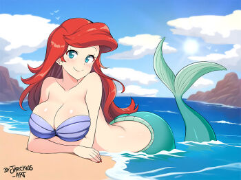 1girl beach breasts cleavage jarckius looking_at_viewer mermaid monster_girl mountain ocean red_hair the_little_mermaid_(disney)