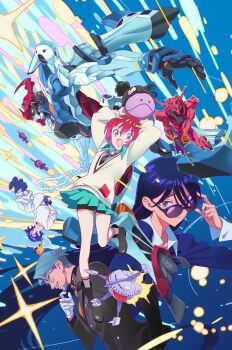 2boys 2girls :d adjusting_eyewear amate_yuzuriha ankle_boots aqua_eyes aqua_shirt aqua_skirt arms_up artist_name beard bike_shorts bike_shorts_under_skirt bit_(gundam) black_boots black_hair blue_boots blue_gloves blue_hair blue_jacket boots challia_bull collared_shirt commentary conch_(gundam) facial_hair floating full_body funnels_(gundam) gloves gquuuuuux green_eyes green_hair grey_socks grin gundam gundam_gquuuuuux hand_on_own_chin hand_up haro highres jacket kikeroga_(gquuuuuux) long_hair long_sleeves looking_at_viewer looking_to_the_side mecha multicolored_eyes multiple_boys multiple_girls mustache necktie nishieda nyaan_(gundam_gquuuuuux) open_mouth pants pleated_skirt red_eyes red_gundam red_hair red_necktie robot school_uniform shirt short_hair shuji_ito skirt smile socks sparkle striped_necktie sunglasses sweater textless_version two-tone_eyes upside-down white_pants white_shirt white_sweater wing_collar yellow_eyes zeknova