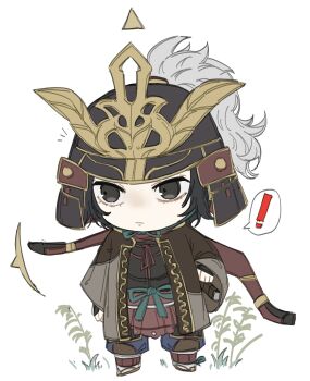 ! 1boy armor ashina_genichirou black_eyes black_hair bow_(weapon) chibi full_body gameplay_mechanics hashtag-only_commentary helmet highres japanese_armor kabuto_(helmet) liudongxx male_focus samurai sekiro:_shadows_die_twice solo spoken_exclamation_mark standing weapon weapon_on_back white_background