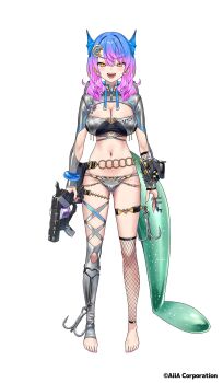 1girl blue_hair blush breasts cleavage commentary_request company_name copyright_notice ear_piercing fangs fingernails fins fish_hook fishnet_socks fishnets full_body gradient_hair grey_hoodie grey_shrug grey_tail grey_thighhighs gun hair_ornament head_fins heart heart_o-ring highres holding holding_gun holding_weapon hood hoodie large_breasts long_sleeves looking_at_viewer lure_princess medium_hair mole mole_under_eye multicolored_hair nail_polish navel nonco o-ring o-ring_thigh_strap official_art open_mouth piercing pink_hair pink_nails shrug_(clothing) simple_background single_thighhigh smile socks solo stomach teeth thigh_strap thighhighs thighs toenail_polish toenails toes tongue two-tone_hair vj-16 weapon white_background yellow_eyes