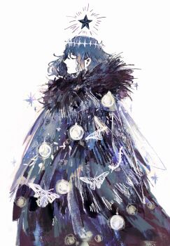 1boy bug cape christmas_ornaments closed_eyes closed_mouth commentary fate_(series) floating_hair from_side fur_trim greyscale hair_behind_ear highres insect male_focus monochrome moth oberon_(fate) oberon_(third_ascension)_(fate) profile short_hair solo standing star_(symbol) symbol-only_commentary u~o_sushi_(12345678q10_)