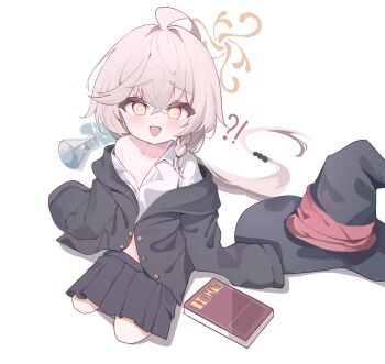 !? 1girl :d @_@ absurdres age_regression aged_down ahoge beads black_jacket black_skirt blue_archive blush book braid collarbone commentary_request eri_(blue_archive) erlenmeyer_flask flask full_body grey_hair hair_beads hair_between_eyes hair_ornament halo hat highres jacket long_hair looking_at_viewer lunashin off_shoulder open_mouth orange_eyes oversized_clothes pleated_skirt shirt side_braid simple_background single_bare_shoulder single_braid sitting skirt sleeves_past_fingers sleeves_past_wrists smile solo spill unworn_hat unworn_headwear very_long_hair white_background white_shirt witch_hat