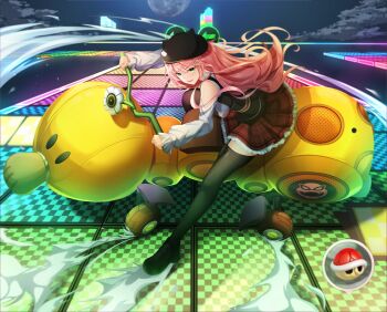 Rule 34 | 1girl, absurdres, akira (manga), akira slide, green eyes, hair ornament, hairclip, hat, highres, hololive, long hair, mario (series), mario kart, mario kart 8, moon, nintendo, official alternate costume, outdoors, parody, pink hair, rainbow road, red shell (mario), roy koopa, rudae, sakura miko, sakura miko (casual), skirt, sky, thighhighs, turtle shell, virtual youtuber, wheel, wild wiggler