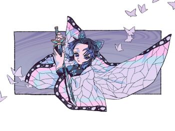 Rule 34 | 1girl, arms up, black hair, black jacket, black trim, border, breasts, bug, butterfly, butterfly hair ornament, buttons, closed mouth, colored tips, commentary request, curtained hair, demon slayer uniform, fingernails, floating clothes, floating hair, hair ornament, holding, holding sword, holding weapon, insect, jacket, japanese clothes, katana, kimetsu no yaiba, kimono, kochou shinobu, light smile, long sleeves, looking at viewer, medium breasts, medium hair, multicolored hair, outside border, parted bangs, print kimono, purple background, purple butterfly, purple eyes, purple kimono, sidelocks, solo, sword, tsubame (lo 1101), upper body, weapon, white border, wide sleeves