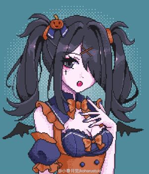 Rule 34 | 1girl, ame-chan (needy girl overdose), bat wings, black eyes, black hair, blue background, breasts, cleavage, cross tattoo, diagonal bangs, dithered background, dress, food-themed hair ornament, frilled sleeves, frills, hair ornament, hair over one eye, highres, koharustuki, looking at viewer, neck ribbon, needy girl overdose, official alternate costume, open mouth, pixel art, pumpkin hair ornament, ribbon, short twintails, sidelocks, solo, tattoo, twintails, wings, x hair ornament