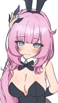Rule 34 | 1girl, 3d7j, absurdres, alternate costume, animal ears, arms behind back, bare shoulders, black bow, black bowtie, black gloves, black leotard, blue eyes, blush, bow, bowtie, breasts, cleavage, commentary request, elysia (honkai impact), elysia (miss pink elf) (honkai impact), fake animal ears, gloves, hair ornament, highres, honkai (series), honkai impact 3rd, large breasts, leotard, long hair, looking at viewer, pink hair, playboy bunny, rabbit ears, simple background, smile, solo, very long hair, white background