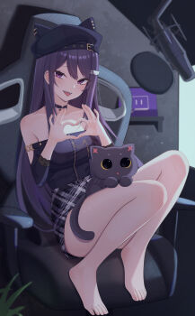 1girl :p animal_hat bare_shoulders barefoot black_choker black_hat breasts can_zhu cat cat_hair_ornament cat_hat chair choker fangs gaming_chair grey_skirt hair_ornament hat heart heart_hands highres knees_up ksp_(vtuber) long_hair long_sleeves looking_at_viewer medium_breasts meridian_project microphone miniskirt monitor off-shoulder_shirt off_shoulder official_alternate_costume plaid_clothes plaid_skirt pop_filter purple_eyes purple_hair shirt sitting skirt solo strapless strapless_shirt swivel_chair toes tongue tongue_out twitch_logo very_long_hair virtual_youtuber zipper zipper_pull_tab