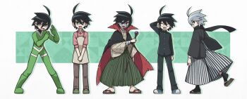 5boys :d ahoge apron arm_behind_head black_cape black_hair black_kimono black_scarf black_socks bodysuit boots broken_mask cape closed_mouth collared_shirt fighting_stance from_behind full_body gakuran geta glasses green_background green_bodysuit green_boots green_eyes green_hakama hakama holding holding_own_hand holding_staff itoshiki_nozomu japanese_clothes kimono looking_at_viewer magusagari male_focus mask multiple_boys multiple_persona official_alternate_color official_alternate_costume open_mouth pink_shirt red_cape sayonara_zetsubou_sensei scarf school_uniform shirt shoes shosei smile sneakers socks staff straight-on torn_cape torn_clothes white_background