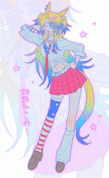 1girl alternate_costume american_flag american_flag_print animal_ear_piercing animal_ears asymmetrical_legwear belt belt_buckle blonde_hair blue_eyes blue_hair bracelet breast_pocket breasts brown_shoes buckle cleavage clenched_hand collared_shirt colored_eyelashes dot_nose flag_print front-tie_top full_body gradient_hair gyaru hair_between_eyes halftone hand_on_own_hip happy highres horse_ears horse_girl jewelry knees leg_warmers light_blush long_sleeves m_budat1 medium_breasts midriff miniskirt mismatched_legwear multicolored_hair multicolored_thighhighs multiple_bracelets navel necklace necktie obey_your_master_(umamusume) one_eye_closed open_mouth outline pink_outline pink_skirt plaid_clothes plaid_skirt pleated_skirt pocket red_necktie school_uniform shirt shoes single_leg_warmer single_thighhigh skirt sleeve_cuffs smile solo sparkle standing star-shaped_pupils star_(symbol) star_necklace swept_bangs symbol-shaped_pupils thighhighs translation_request two-tone_hair umamusume umamusume:_cinderella_gray uwabaki v white_background white_belt white_leg_warmers white_shirt yellow_pupils zoom_layer