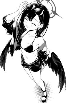1girl absurdres angel_wings bare_shoulders bikini black_bikini blue_archive breasts commentary_request eyewear_on_head halo highres ichika_(blue_archive) ichika_(swimsuit)_(blue_archive) medium_breasts navel official_alternate_costume sandals short_shorts shorts simple_background solo sunglasses suzuki_nago swimsuit thighs white_background wings