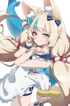 1girl absurdres ahoge animal_ear_fluff animal_ears blonde_hair blue_bow blue_eyes blue_nails blue_streaks bow cat_ears closed_mouth commentary dress english_commentary fang fins fish_girl fish_tail hair_bow highres indie_virtual_youtuber lifebuoy_hair_ornament long_hair looking_at_viewer low_twintails midorimae multicolored_hair nail_polish sameko_saba sameko_saba_(1st_costume) sandals shorts sleeveless sleeveless_dress smile solo streaked_hair tail twintails very_long_hair virtual_youtuber white_dress white_shorts
