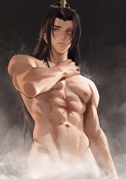 1boy abs absurdres artist_name avatar:_the_last_airbender avatar_legends black_hair closed_mouth commentary completely_nude convenient_censoring english_commentary fei_hai from_below hand_on_own_shoulder highres long_hair looking_at_viewer male_focus navel nipples nude pectorals scar scar_on_face scar_on_stomach signature solo steam toned toned_male zuko