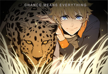 Rule 34 | 1boy, animal, blonde hair, blue eyes, english text, grass, huang shaotian, jacket, jokerplaner, leopard, long sleeves, looking at viewer, male focus, quan zhi gao shou, smile, solo