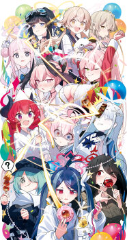 6+girls ? absurdres ahoge animal_ears balloon black_hair black_wings blue_archive blue_eyes blue_hair blush breasts candy_apple cleavage demon_horns dog_ears donut eating flower food fubuki_(blue_archive) goggles green_eyes green_hair grey_hair hair_bun hair_flower hair_ornament hair_over_one_eye halo hanako_(blue_archive) hasumi_(blue_archive) hat head_wings heterochromia hibiki_(blue_archive) hifumi_(blue_archive) highres hiyori_(blue_archive) holding holding_food horns hoshino_(blue_archive) jacket japanese_clothes junko_(blue_archive) kimono koharu_(blue_archive) large_breasts long_hair long_sleeves low_wings mika_(blue_archive) multiple_girls multiple_horns nagisa_(blue_archive) nagusa_(blue_archive) nasan_(coldtime) official_alternate_costume one_eye_closed open_clothes open_mouth pink_eyes pink_hair pink_halo purple_eyes red_eyes red_hair red_halo sailor_collar scarf school_uniform serafuku shaded_face single_side_bun ski_goggles smile spoken_question_mark takoyaki twintails white_jacket white_kimono white_scarf wings yellow_eyes yukata