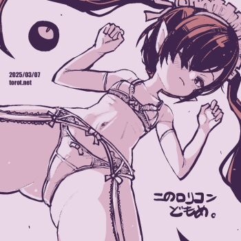 1girl ;( backbeako_(torotei) backbeard blush bow bow_bra bow_garter_belt bow_panties bra breasts commentary dated dated_commentary dutch_angle elbow_gloves garter_straps gegege_no_kitarou gloves hair_over_one_eye hair_ribbon hands_up kono_lolicon_domome light_frown loli long_hair looking_at_viewer maid_headdress monochrome navel one_eye_closed original paid_reward_available panties pink_background pink_theme pointy_ears ribbon ribs simple_background small_breasts solo spread_legs torotei translated twintails underwear underwear_only very_long_hair watermark web_address