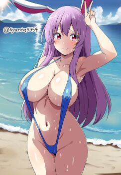 1girl alternate_breast_size_(larger) alternate_costume animal_ears armpits beach blue_sky blue_slingshot_swimsuit blush breasts closed_mouth cloud collarbone commentary_request covered_erect_nipples day highres huge_breasts kyanta5354 looking_at_viewer navel ocean outdoors purple_hair rabbit_ears rabbit_girl red_eyes reisen_udongein_inaba sand sky slingshot_swimsuit smile solo stomach sun sweat swimsuit touhou twitter_username v