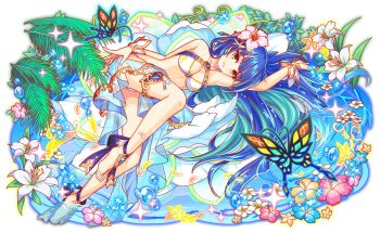 alternate_costume ankle_ribbon antennae aqua_flower aqua_hair artist_request bare_arms bare_legs bare_shoulders barefoot beads bikini blue_hair blue_outline blue_ribbon blunt_bangs breasts bug butterfly_wings cel_shading cleavage closed_mouth colored_inner_hair crash_fever fingernails flower full_body game_cg hair_flower hair_ornament hibiscus insect_wings jeong_yakyong leaf leg_ribbon light_particles long_hair lying medium_breasts midriff multicolored_butterfly multicolored_hair official_alternate_costume official_art outline partially_submerged pink_flower plumeria red_outline ribbon sarong saturated see-through_clothes see-through_sarong smile solo sparkle square square_print straight_hair swimsuit tachi-e tattoo teeth transparent_background two-tone_hair very_long_hair water water_drop white_bikini white_lily white_sarong white_straps white_wrist_cuffs wings wrist_cuffs yellow_eyes yellow_flower