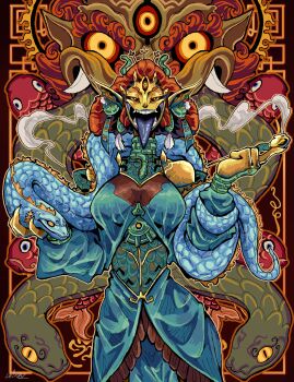 1girl absurdres big_mouth blue_skin breasts colored_skin highres large_breasts leikdaz22 long_tongue looking_at_viewer tagme tongue