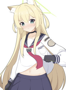 &gt;:( 1girl absurdres animal_ear_fluff animal_ears arm_at_side black_choker black_gloves black_sailor_collar blonde_hair blue_archive blush choker clenched_hands closed_mouth clothes_lift commentary cowboy_shot fenrir-banana fox_ears fox_girl frown gloves green_eyes green_halo hair_between_eyes halo hand_up highres kurumi_(blue_archive) lifting_own_clothes long_hair long_sleeves looking_at_viewer navel neckerchief nose_blush presenting_stomach red_neckerchief sailor_collar school_uniform serafuku shirt shirt_lift shy sidelocks simple_background solo stomach straight_hair triangle_halo two_side_up v-shaped_eyebrows very_long_hair white_background white_shirt