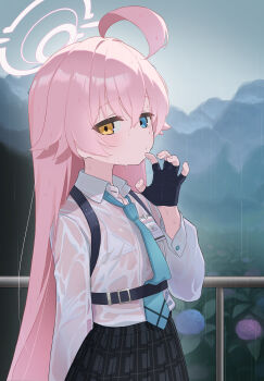 1girl absurdres ahoge belt bikini bikini_under_clothes black_gloves black_skirt blue_archive blue_eyes blue_necktie chest_harness claw_pose collared_shirt commentary fingerless_gloves flat_chest flower gloves halo harness heterochromia highres hoshino_(blue_archive) huge_ahoge korean_commentary looking_at_viewer micro_bikini mountain moyashi_dorobou necktie pink_hair pink_halo pleated_skirt rain school_uniform see-through_clothes shirt skirt solo swimsuit swimsuit_under_clothes wet white_shirt yellow_eyes