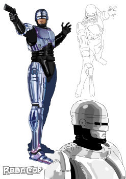 Rule 34 | 1boy, auto-9, black gloves, closed mouth, cyborg, gloves, gun, handgun, helmet, highres, holding, holding gun, holding weapon, lips, logo, male focus, multiple views, ojipon, robocop, robocop (character), simple background, standing, weapon, white background