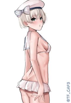 1girl absurdres ass back bikini bikini_skirt blush bow breasts butt_crack commentary_request cowboy_shot from_behind grey_eyes hair_between_eyes hat hat_bow highres kantai_collection looking_at_viewer microskirt one-hour_drawing_challenge pleated_skirt sailor_bikini sailor_collar short_hair sideboob sidelocks simple_background skirt small_breasts solo standing string_bikini swimsuit tf_cafe turning_head twitter_username white_background white_bikini white_bow white_hair white_hat white_sailor_collar z1_leberecht_maass_(kancolle) z1_leberecht_maass_(swimsuit)_(kancolle)