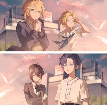 4boys absurdres aged_down alkaid_mcgrath alkaid_mcgrath_(eden) aqua_eyes ascot ayn_alwyn ayn_alwyn_(eden) bird black_ascot black_hair black_jacket black_vest blonde_hair blue_eyes blue_hair blue_neckerchief border building child chinese_commentary clarence_clayden clarence_clayden_(eden) closed_mouth collared_shirt curtained_hair dusk fengtu_ad hair_between_eyes hand_on_own_arm highres jacket lapels lars_rorschach lars_rorschach_(eden) long_sleeves looking_ahead lovebrush_chronicles male_focus mole mole_under_eye multiple_boys neckerchief notched_lapels open_clothes open_jacket own_hands_clasped own_hands_together parted_bangs parted_lips plant red_eyes sailor_collar sailor_shirt shading_eyes shirt short_hair short_sleeves split_screen upper_body vest vines white_border white_sailor_collar white_shirt