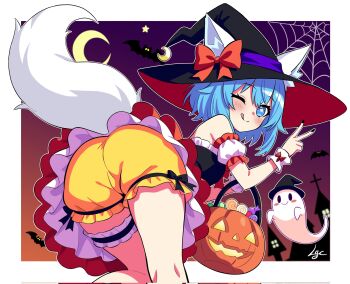 1girl ;q adapted_costume animal_ear_fluff animal_ears ass bare_legs bare_shoulders basket bat_(animal) bent_over black_dress black_hat black_nails bloomers blue_eyes blue_hair blush blush_stickers border bow breasts candy closed_mouth commentary corrupted_twitter_file crescent crescent_moon detached_sleeves double-parted_bangs dress english_commentary feet_out_of_frame food frilled_dress frilled_sleeves frilled_thigh_strap frills from_behind furry furry_female ghost glowing glowing_eyes gradient_sky hair_between_eyes halloween halloween_bucket hand_up hat hat_bow hat_ribbon highres holding holding_basket indie_virtual_youtuber jack-o&#039;-lantern lgcrx lollipop looking_at_viewer looking_back medium_breasts moon multicolored_dress nail_polish one_eye_closed orange_bow orange_dress orange_sky outdoors outline outside_border petticoat puffy_detached_sleeves puffy_sleeves purple_ribbon purple_sky ribbon short_hair signature sky smile solo spider_web_background split_mouth star-shaped_pupils star_(symbol) sweets swirl_lollipop symbol-shaped_pupils tail thigh_strap tongue tongue_out two-tone_background two-tone_dress underwear v virtual_youtuber white_border white_sleeves white_tail white_wrist_cuffs witch witch_hat wolf_ears wolf_girl wolf_tail wolfychu wrist_cuffs yellow_bloomers