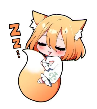 1girl :3 :d animal_ear_fluff animal_ears blonde_hair blush chibi chibi_only closed_eyes commentary_request double-parted_bangs fox_ears fox_girl fox_tail full_body hair_between_eyes highres hugging_own_tail hugging_tail kudamaki_tsukasa open_mouth romper short_hair short_sleeves simple_background sleeping smile socks solo tail touhou white_background white_romper white_socks you_(noanoamoemoe) zzz