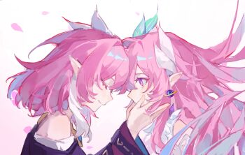 Rule 34 | 2girls, bare shoulders, chinese commentary, closed eyes, coat, commentary request, cyrene (aedes elysiae) (honkai: star rail), cyrene (honkai: star rail), cyrene (ripples of past reverie) (honkai: star rail), dual persona, earrings, hand on another's cheek, hand on another's face, highres, honkai: star rail, honkai (series), jewelry, long hair, looking at another, multicolored hair, multiple girls, pink hair, pointy ears, purple coat, purple eyes, short hair, simple background, smile, two-tone hair, very long hair, white background, white hair, youzaiyouzai143