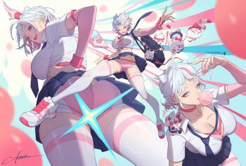 1girl absurdres ahoge animal_ears armlet artist_name ass ass_focus bag blowing_bubble_gum blue_eyes blue_necktie blue_skirt breasts cat cat_ears cellphone censored character_name chewing_gum choker citemer cleavage collarbone crop_top extra_ears eyelashes eyeshadow fang from_above from_below hair_ornament hairclip heart heart-shaped_pupils highres holding holding_own_hair jewelry large_breasts lips looking_at_viewer makeup midriff momo_(citemer) multicolored_hair multicolored_shoes multiple_views nail_polish navel necktie open_clothes open_shirt original phone pink_choker pink_eyeshadow pink_hair pink_nails pink_pupils pleated_skirt pointing pointing_up school_bag school_uniform shirt shoes short_hair short_sleeves shorts shorts_under_skirt signature skirt smartphone sneakers solo star_censor strap striped_hair symbol-shaped_pupils teeth thighhighs upper_teeth_only white_hair white_shirt white_thighhighs