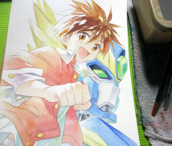 1boy agahari baan_gaan brown_eyes brown_hair clenched_hand commentary_request green_eyes jacket looking_at_viewer male_focus mecha open_clothes open_jacket open_mouth painting_(medium) photo_(medium) red_jacket robot serizawa_shunpei shirt short_hair smile spiked_hair traditional_media upper_body white_shirt yuusha_seisen_baan_gaan yuusha_series